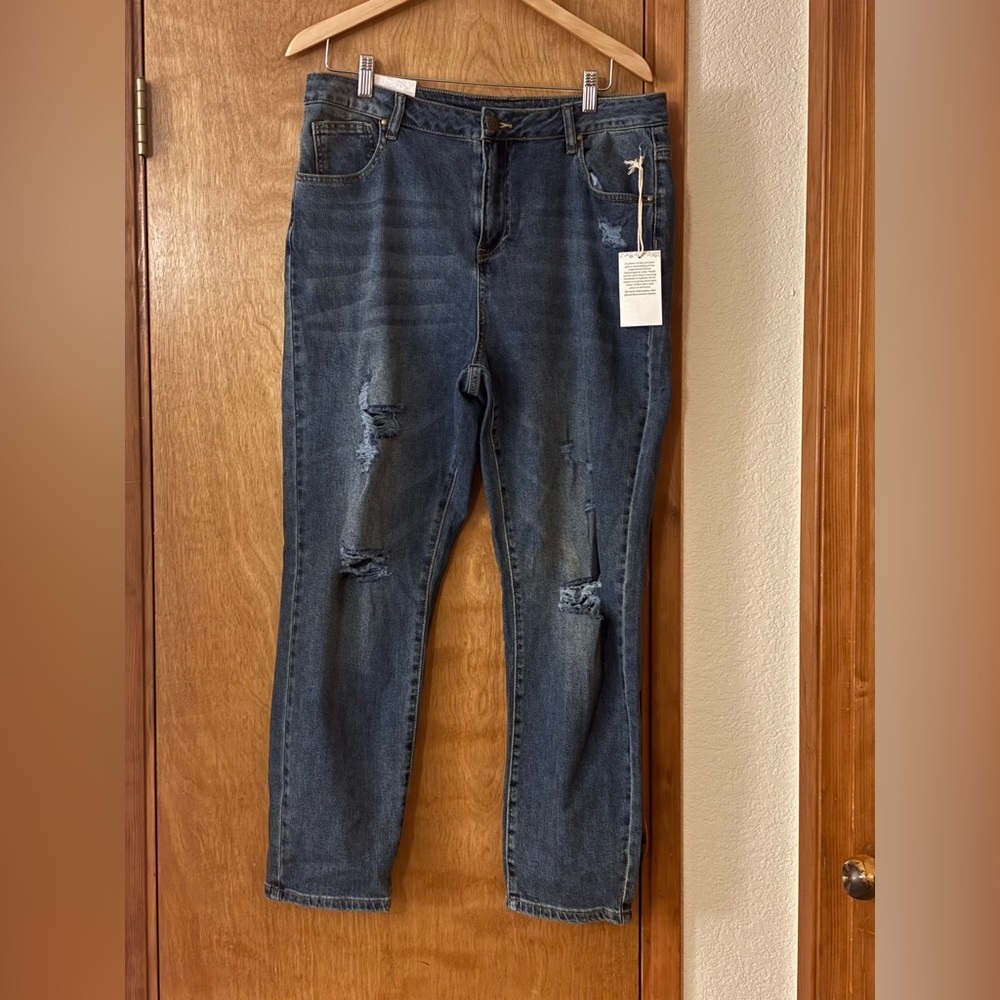 Grace & Lace Dark Blue Slim Straight Distressed Jeans